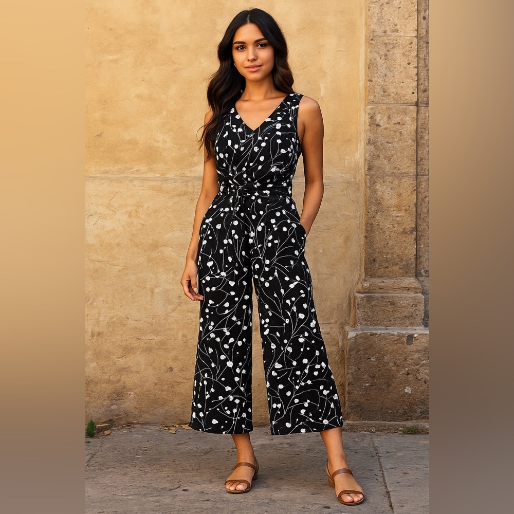Calvin Klein Black White Floral Sleeveless Wide-Leg Jumpsuit Size 4 - Picture 11 of 11